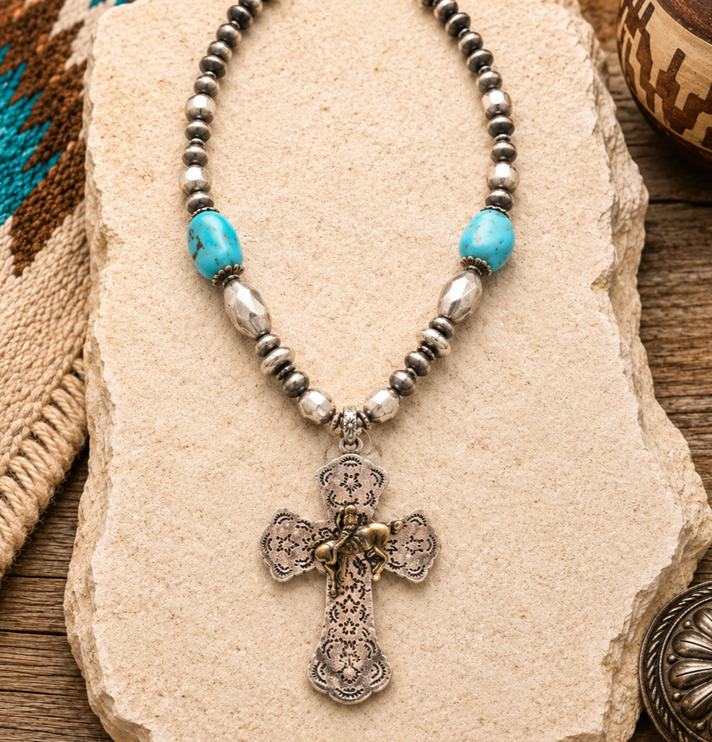 Nena Western Cross Necklace Faux Turquoise Silver Tone Cowgirl Rodeo Statement
